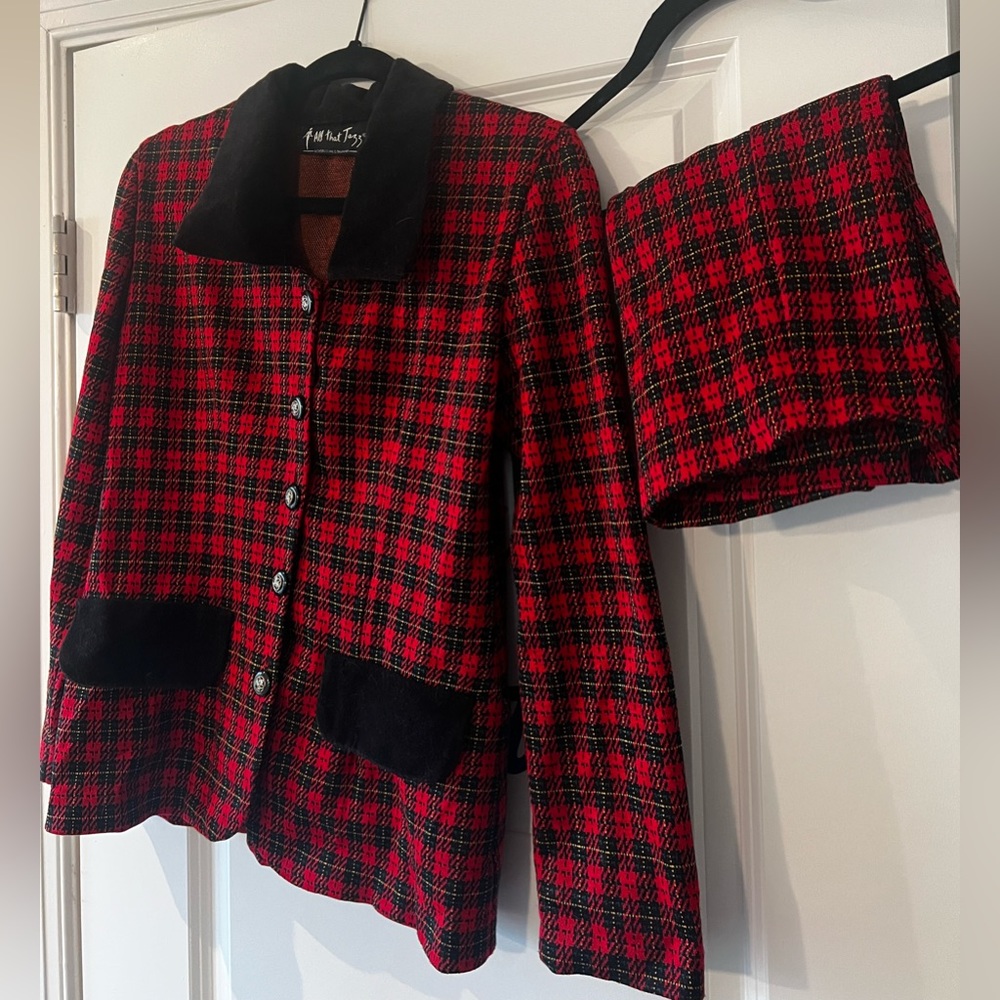 Red and black plaid blazer and skirt set
